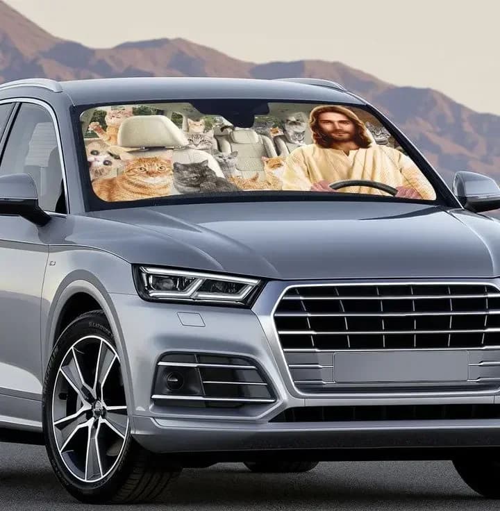 DRIVING JESUS AND CAT Parabrezza automatico Parasole Animale divertente Personalizzato Pieghevole Parasole Protezione Parasole per Auto SUV