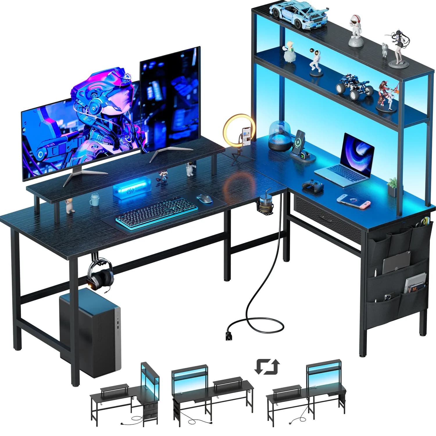 Scrivania da gaming a forma di L da 59 pollici con LED e cassetto, scrivania per computer con supporto per monitor