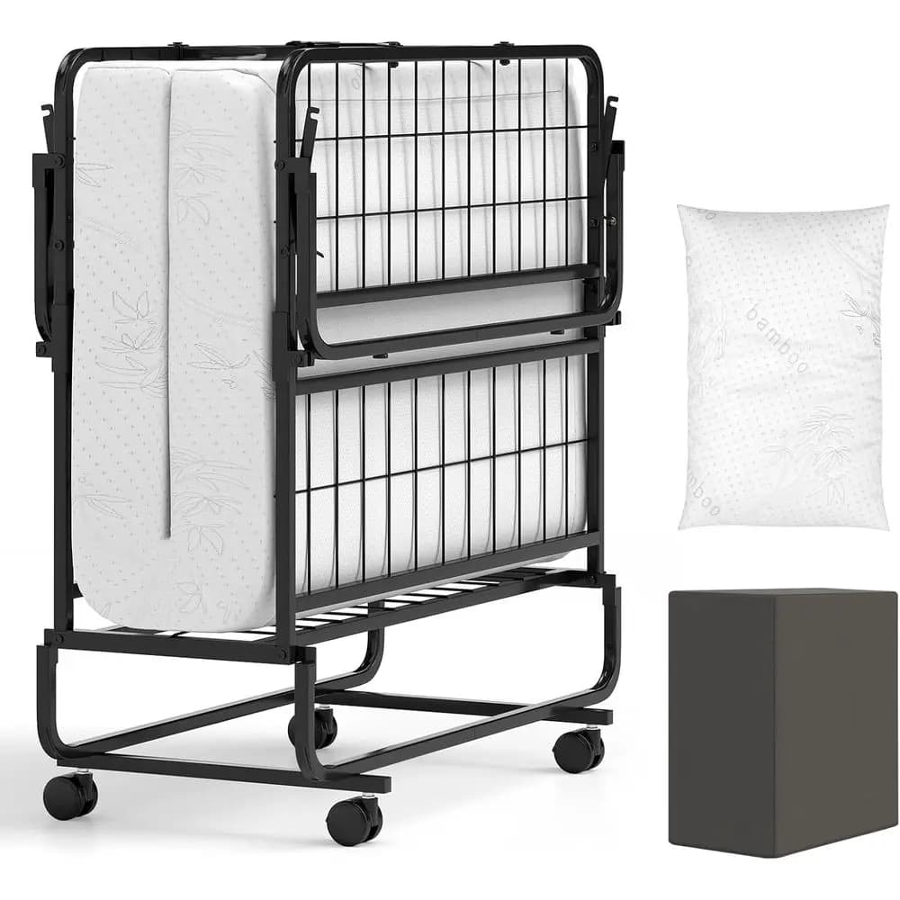 Double Twin Size Bed with 5 Mattress, Rollaway Guest Bed with Pillow, Storage and Metal Frame, Compact Folding Beds for Adults,