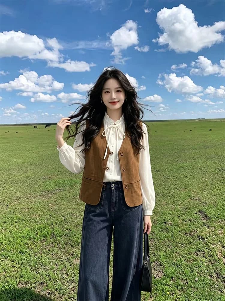 Retro Chic Vest Shirt Jeans Three-Piece Set Women Summer Fashion Layering Slimming Personality Ensemble High Waist Long Pants