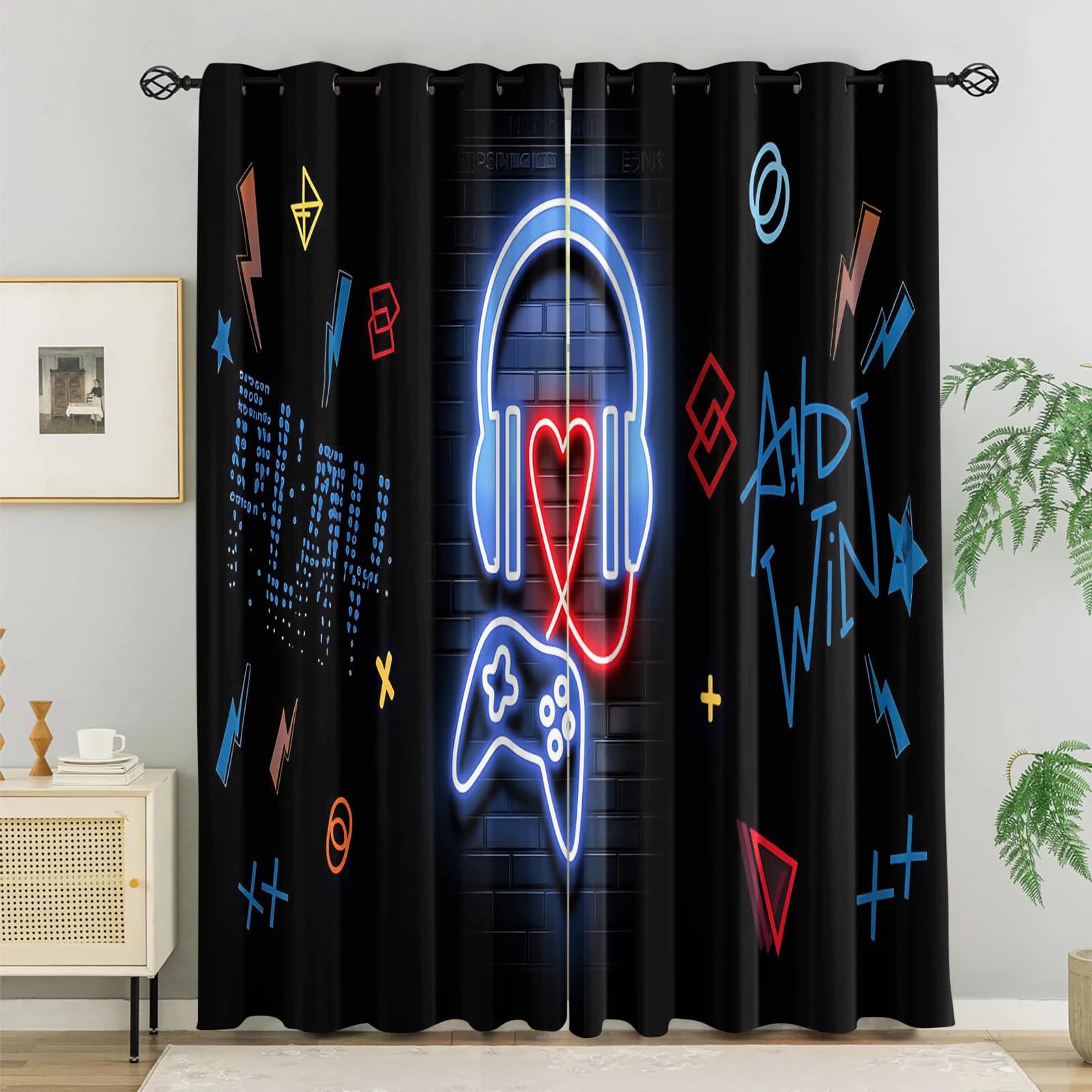 Neon Gaming Headset Controller Heart Blackout Curtains 2 Panels Black Brick Wall Graffiti Gamer Window Drapes Teen Boy Gaming