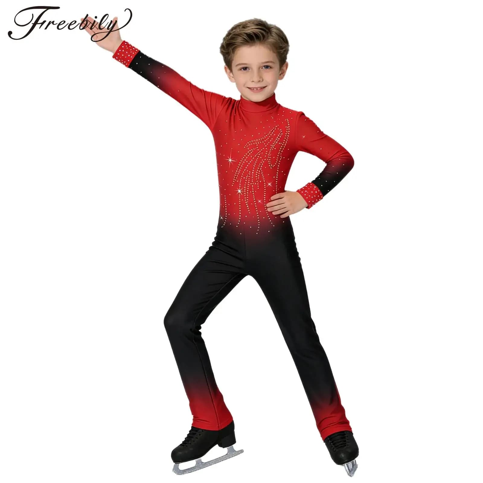 Kids Boys Figure Skating Jumpsuit Shiny Rhinestones Long Sleeve Ballet Dance Artistic Gymnastics Leotard Latin Modern Dancewear