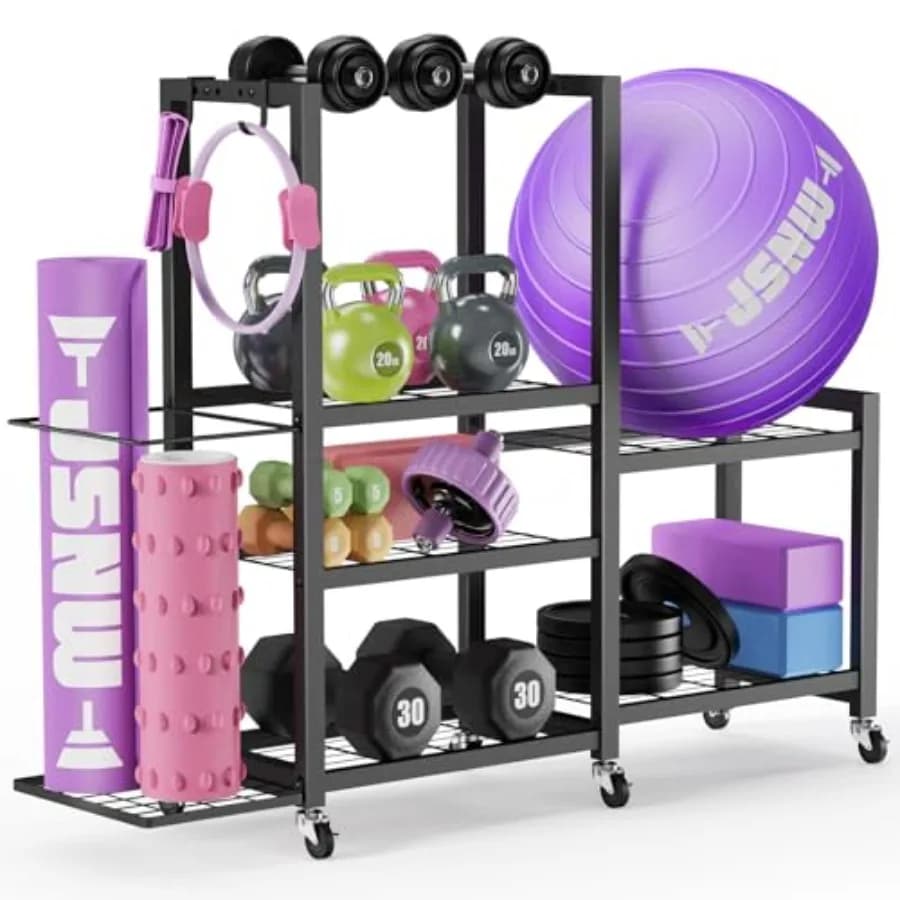 Scaffale portaoggetti multifunzionale a 6 livelli per palestra domestica con ruote e ganci, regolabile per manubri, kettlebell e tappetini yoga
