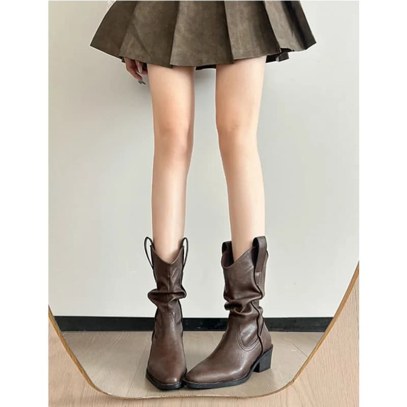 2026 New vintage boots with big heel for women, boots folded in half calf, Chelsea toe boots for skirts, slip on