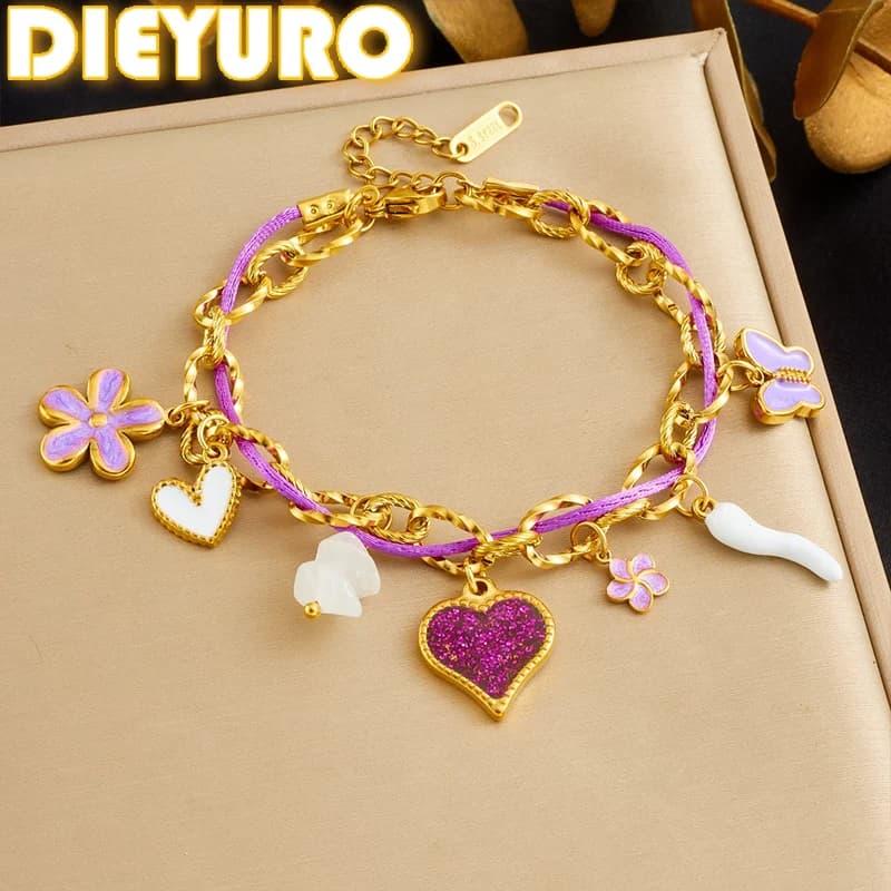 DIEYURO Bracciale multi pendente in acciaio inossidabile 316L viola scintillante rosa cuore farfalla fiore gioielli a catena a mano moda donna