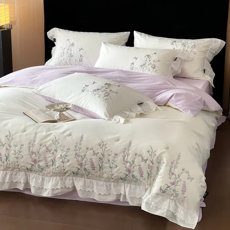 100% Cotton Bed Linen Set with Chic Floral Embroidery and Pizzo Volant, Korean Princess Style, Copripiumin, Flat Bed Sheet/With Corners, Faithful