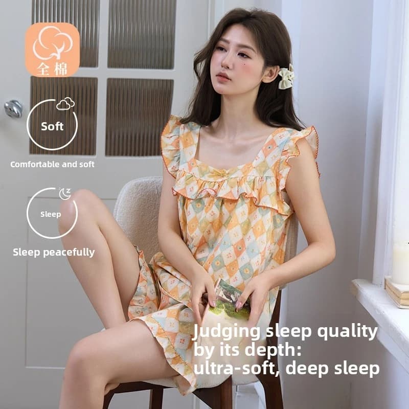 2pcs Women's Pajama Set Casual Style 100% Single Layer Cotton Gauze Spaghetti Strap Sleeveless Top & Shorts Lightweight Loungewe