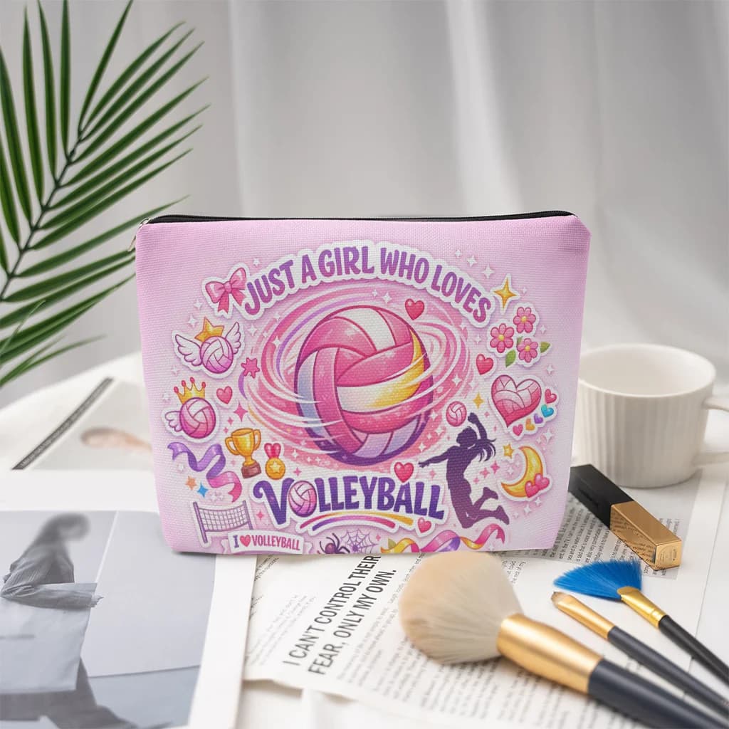 1 borsa per il trucco con elementi e scritte a tema pallavolo - Borsa multifunzionale con cerniera per donna, perfetta borsa da viaggio con cerniera, divertente regalo di compleanno