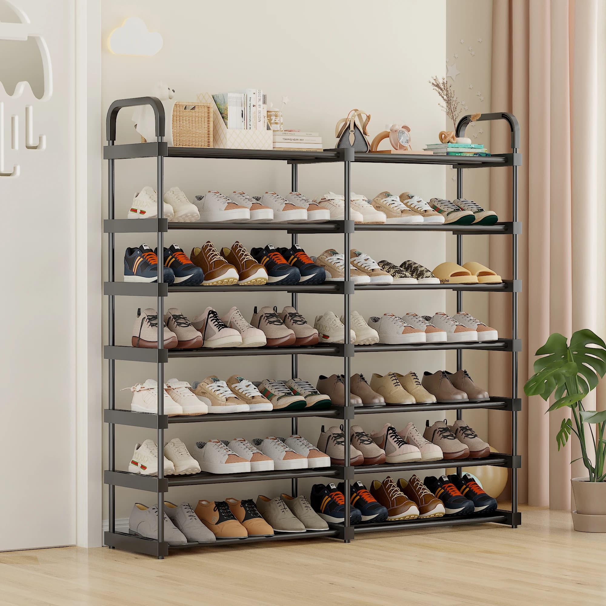 Scarpiera con larghezza maggiorata per 4-5-6-7 livelli, porta scarpe e stivali, salvaspazio, impilabile, adatta per armadietti porta scarpe domestici, semplice soluzione per riporre le scarpe in dormitori scolastici, serie nera