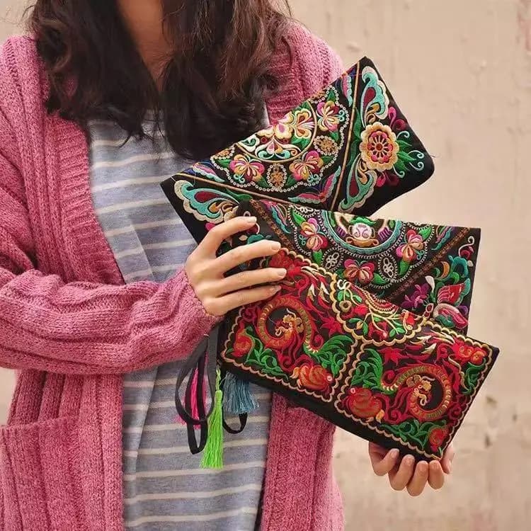 Yunnan Ethnic Style Embroidered Clutch Bag, Women's Retro Embroidered Wallet, Ethnic Floral Embroidered Purse