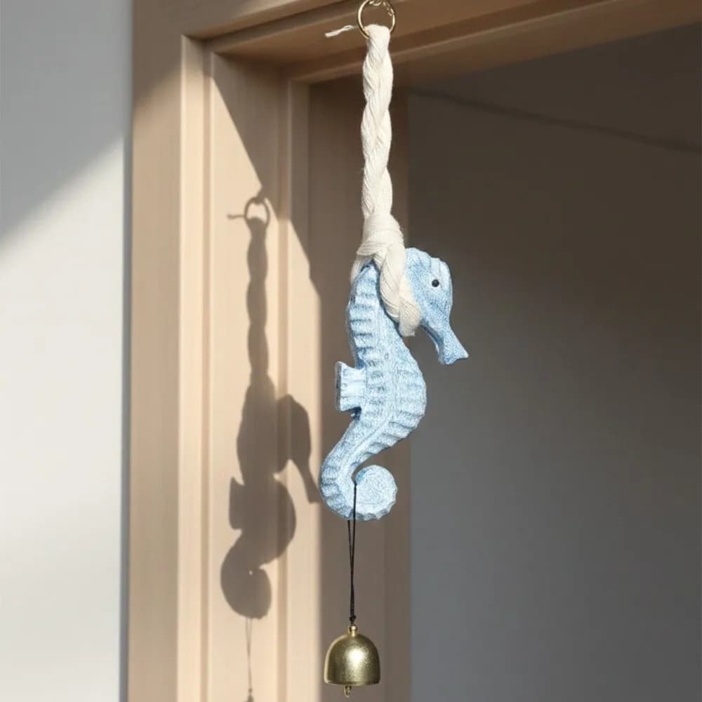 Rustic Style Seahorse Wind Chime Hand Carved Handcrafted Car Seahorse Hanger Mediterranean Marine Themed Wall Hanging Ornament