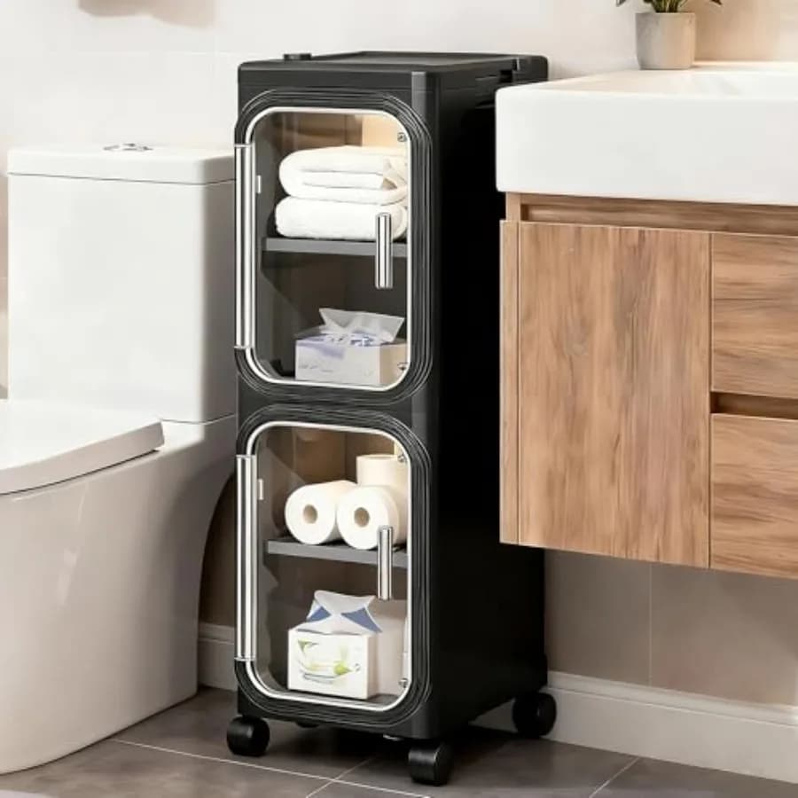 Armadietto stretto per riporre oggetti, mobiletto sottile da bagno con ripiani regolabili e ruote, organizer stretto per piccoli spazi, bagno