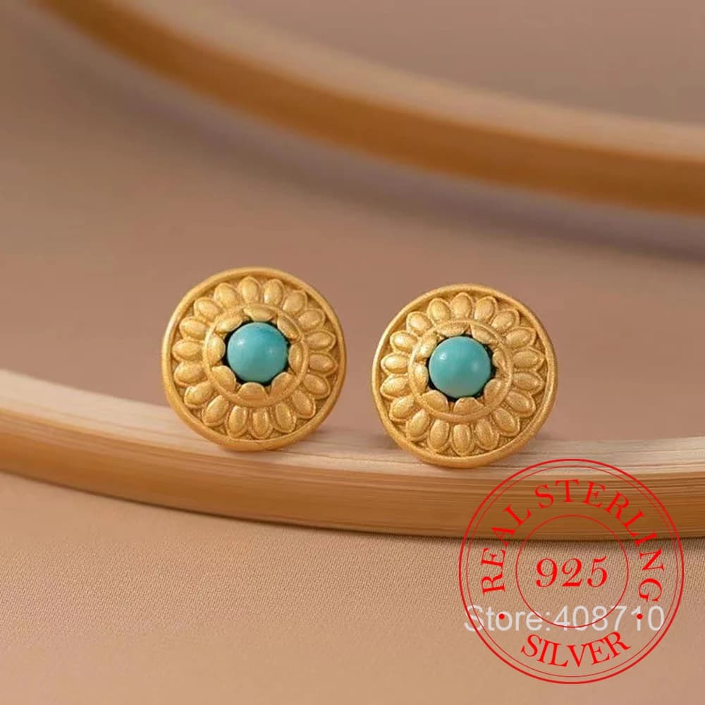 925 Sterling Silver Jewelry 24K Gold Plated Turquoise Flower Stud Earrings for Women Wedding Party Jewelry For Girl Friends Gift