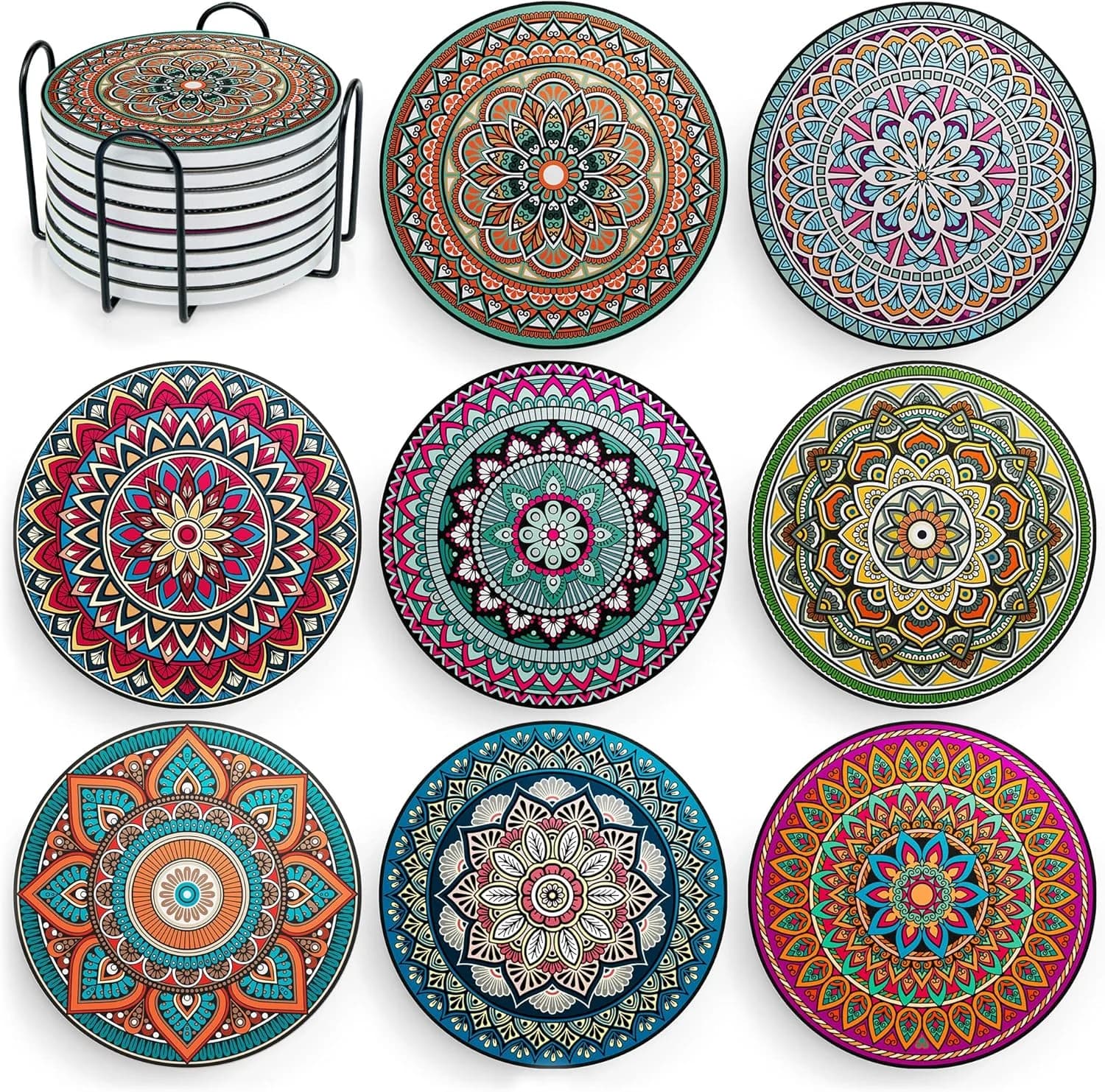 Set di sottobicchieri in ceramica e sughero Mandala, essenziali per riunioni natalizie, sottobicchieri Boho per decorazioni quotidiane per feste in famiglia, tutte le occasioni