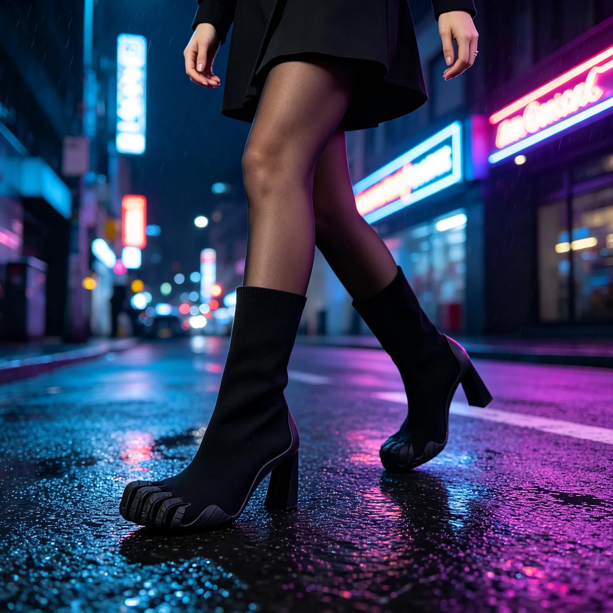 Women Luxury Futuristic Knit Sock Boots Black Chunky Heel Split Toe Design Stretch Ankle Boots Runway Fashion Evening Footwear