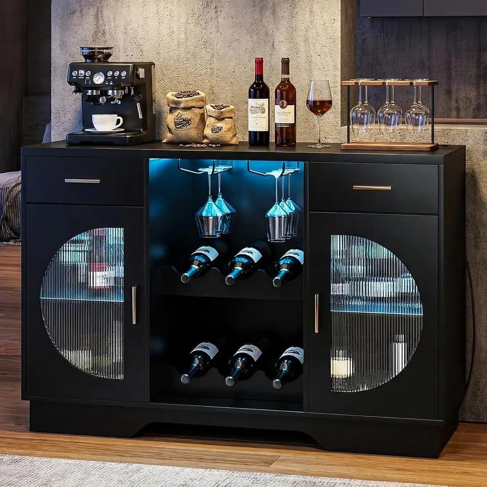 Mobiletto per Vino con Luce LED, Mobiletto per Liquori, Mobiletto da Cucina o da Ingresso/Soggiorno con Portabottiglie e Portabicchieri