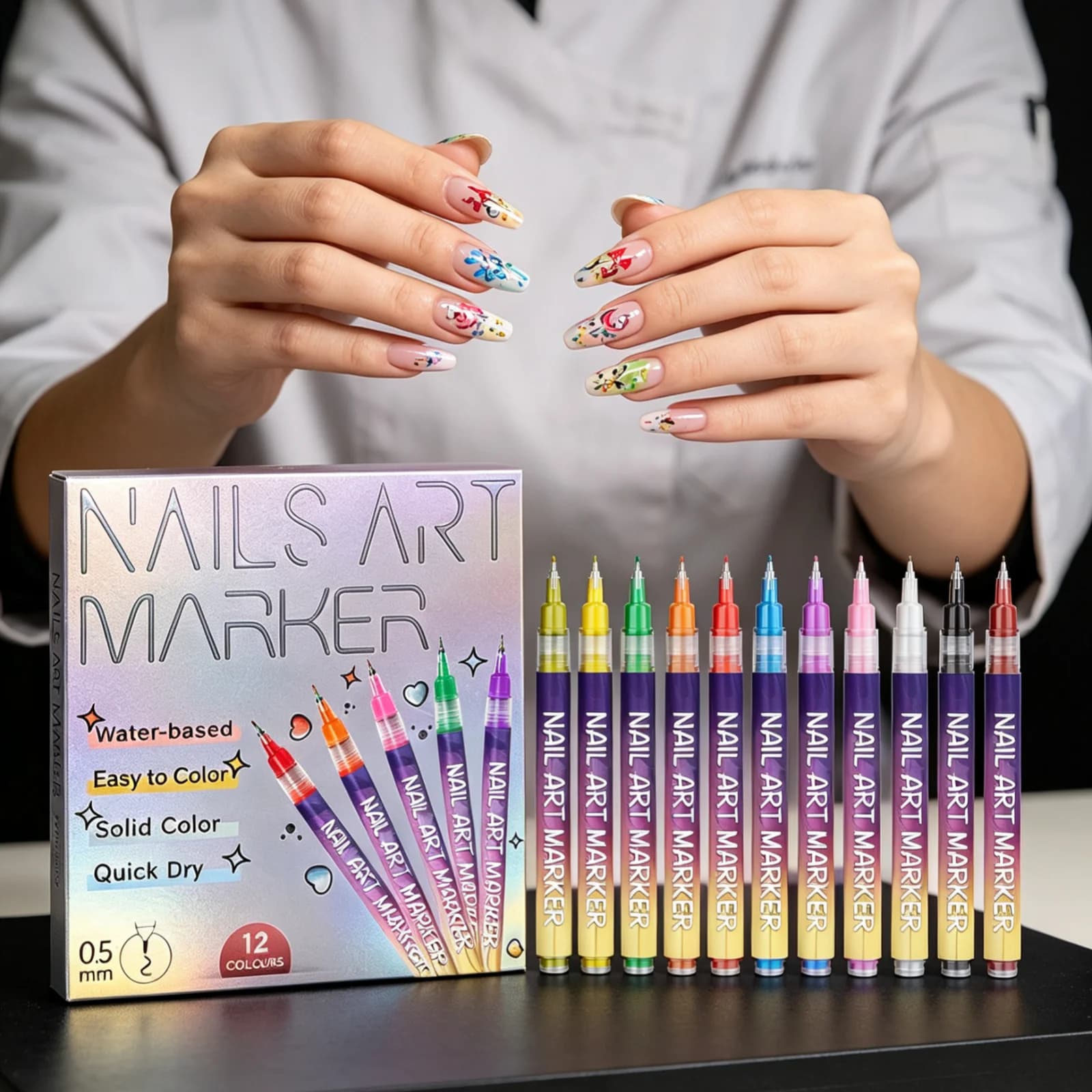 Nail Art Marker Pen for Beginner Long Lasting Smooth Dispensing Ink Solid Color Easy Apply Quick Dry Nail Art Pens Set 12 Pieces