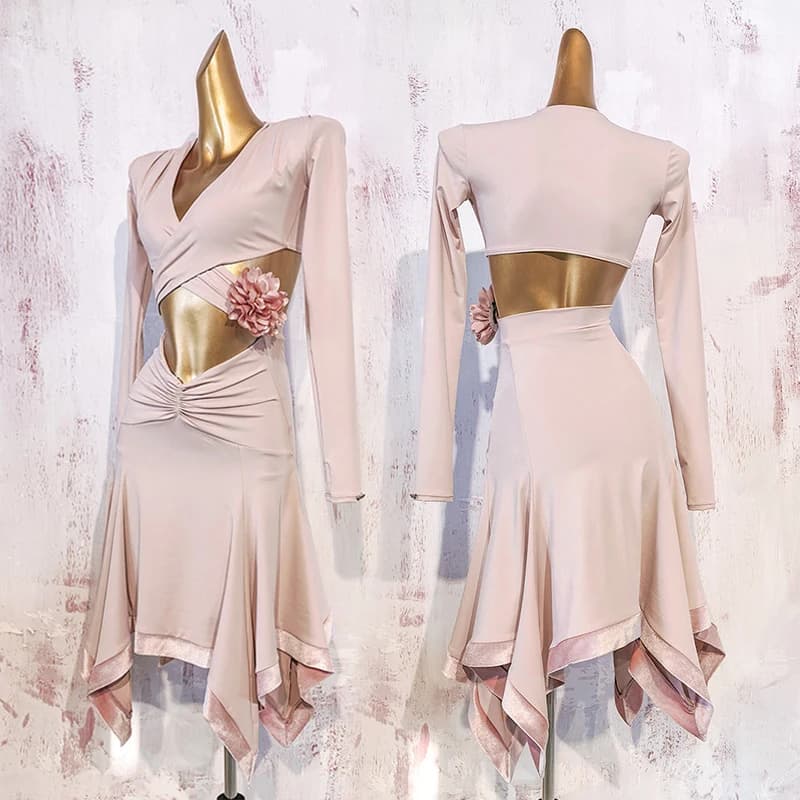 Abito da ballo latino rosa da donna, sexy, con intagli, per performance sul palco, abbigliamento da allenamento per adulti Rumba Cha Cha 5027