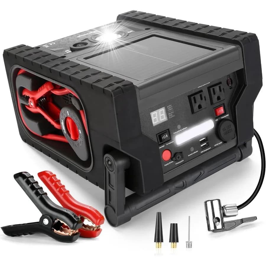 Avviatore di emergenza per batteria per auto di picco 2000A con compressore d'aria Gonfiatore per pneumatici All in One Scatola di ponticello per batteria da 12 V per impieghi gravosi Avviamento per auto Bo