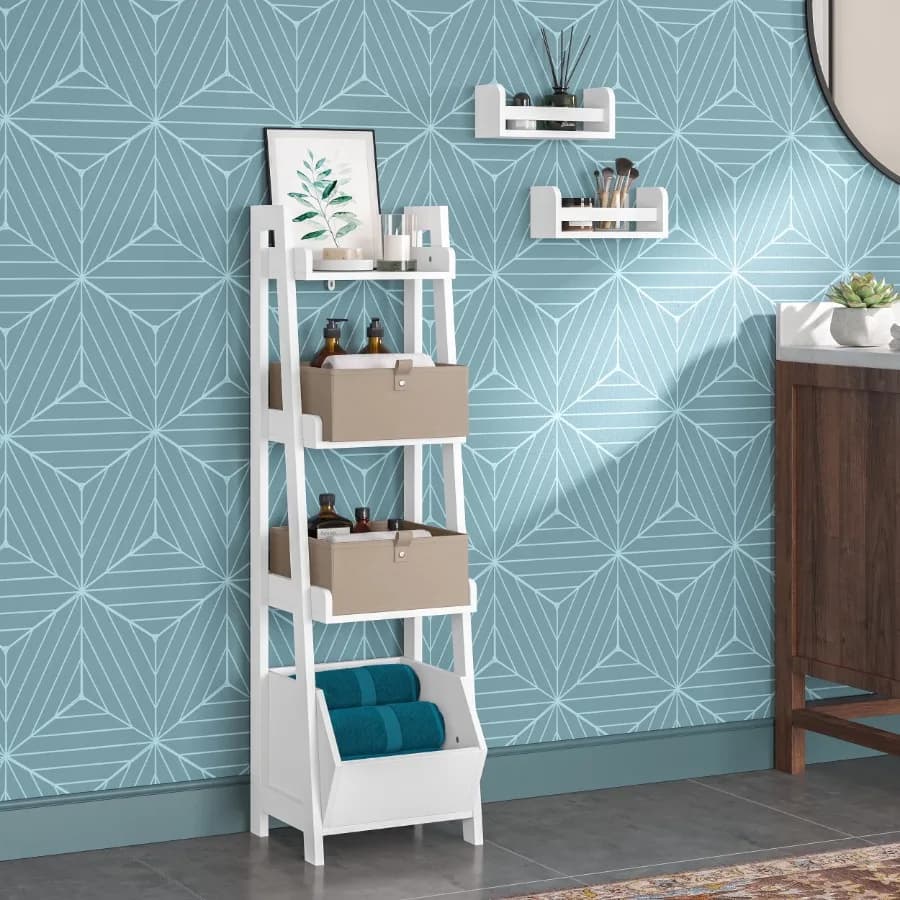 Amery 4-Tier 13in Ladder Shelf Bthroom Organizer with Storage Bin - White