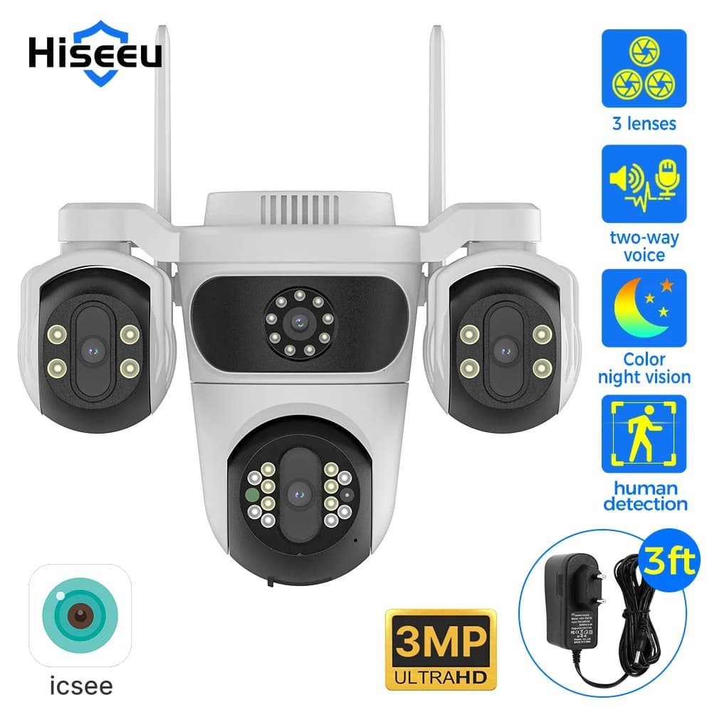 Hiseeu Telecamera IP Tre lenti Zoom 4x WiFi Telecamera PTZ Esterna Impermeabile 3MP Auto Tracking CCTV Telecamera di Sorveglianza di Sicurezza iCsee