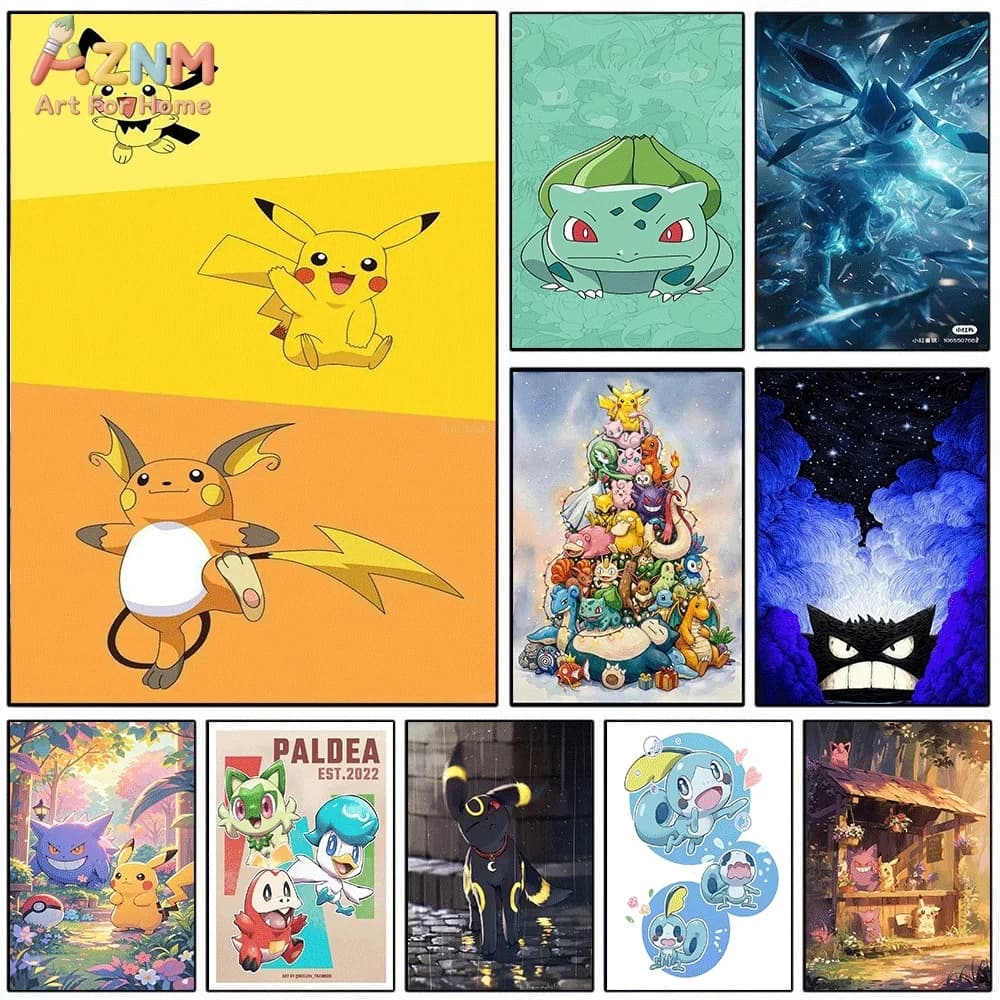 AZNM Pokemon Canvas Wall Art Pikachu Pichu Bulbasaur Umbreon Gengar Glaceon Cute Anime Print Poster for Kids Bedroom Living Ro