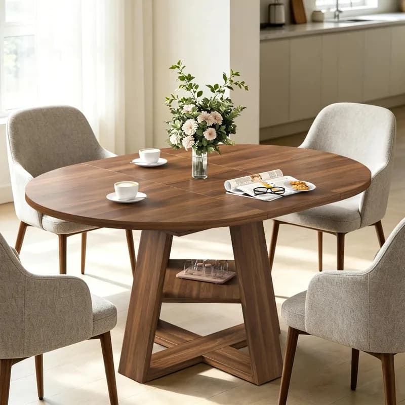 Tavolo da Pranzo Rotondo Estensibile 43.3in-59in per 4-8 Persone, Tavolo da Cucina Ovale Moderno con Pannelli Rimovibili Salvaspazio