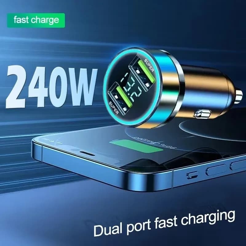 Caricabatteria da auto a ricarica rapida, adattatore USB a 2 porte da 240 W con schermo digitale e luce ambientale, caricabatterie per sistema di accensione e avvio