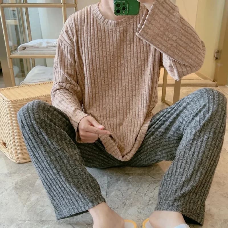 Pantaloni caldi a maniche lunghe spazzolati Abbigliamento da casa Pigiama da uomo in due pezzi Autunno Inverno