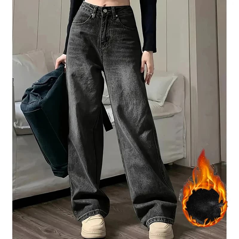 Jeans sottili a vita alta termici in peluche da donna invernale Pantaloni in denim caldi da neve in pile da ragazza Pantaloni comodi a gamba dritta femminili