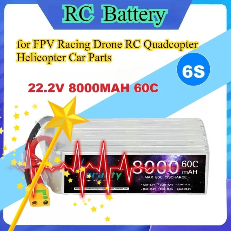 Batteria LIPO 22.2V 6S 8000mAh 60C XT90S/EC8 per Droni da Corsa FPV, Quadricotteri RC, Elicotteri e Parti di Auto