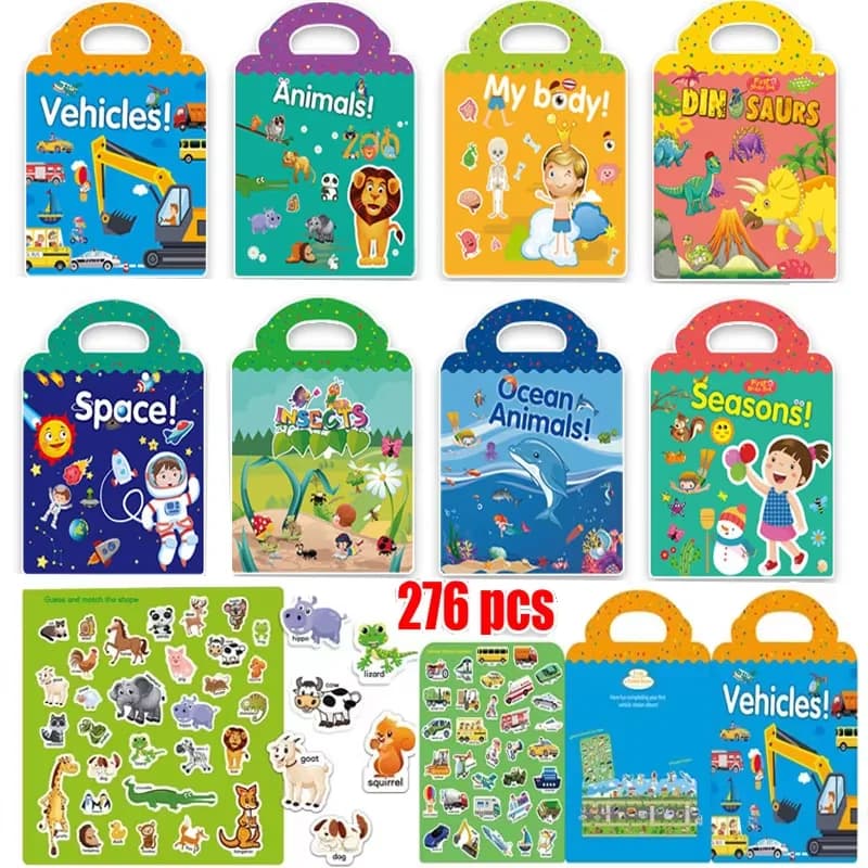Libro di Adesivi Riutilizzabili per Bambini, Scenari Multipli, Puzzle Cartoon Fai-da-Te, Giocattoli Educativi per l'Apprendimento e la Cognizione, Regalo per Bambini dai 2 ai 4 Anni