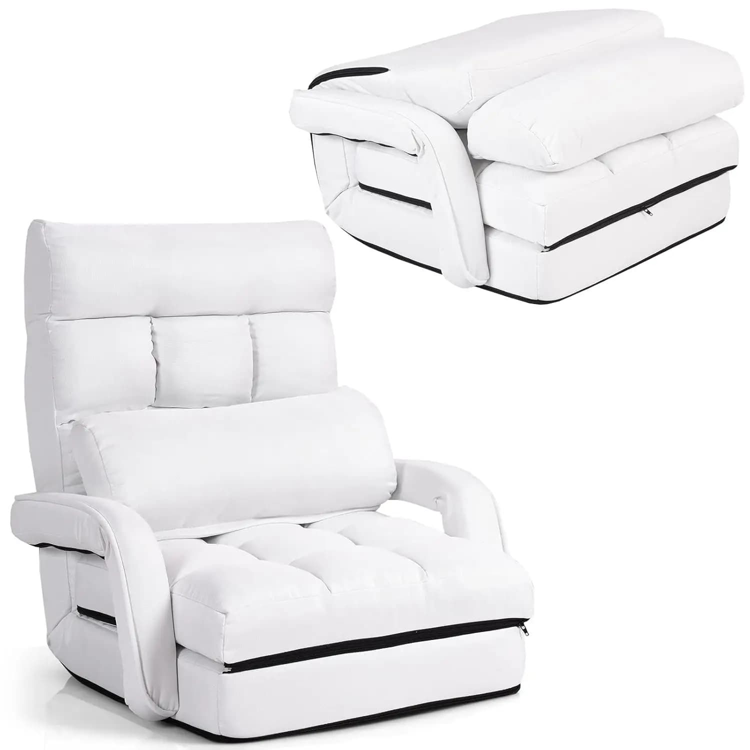 Divano Chaise Longue da Interno, Poltrona Pieghevole da Terra con Schienale Regolabile in 6 Posizioni e Cuscino Lombare, Personalizzabile