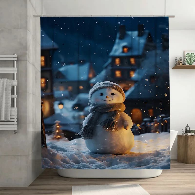 Tuniu Accogliente pupazzo di neve invernale Decorazioni per il bagno Tenda da doccia Scena festiva del villaggio delle vacanze Sfondo in tessuto impermeabile