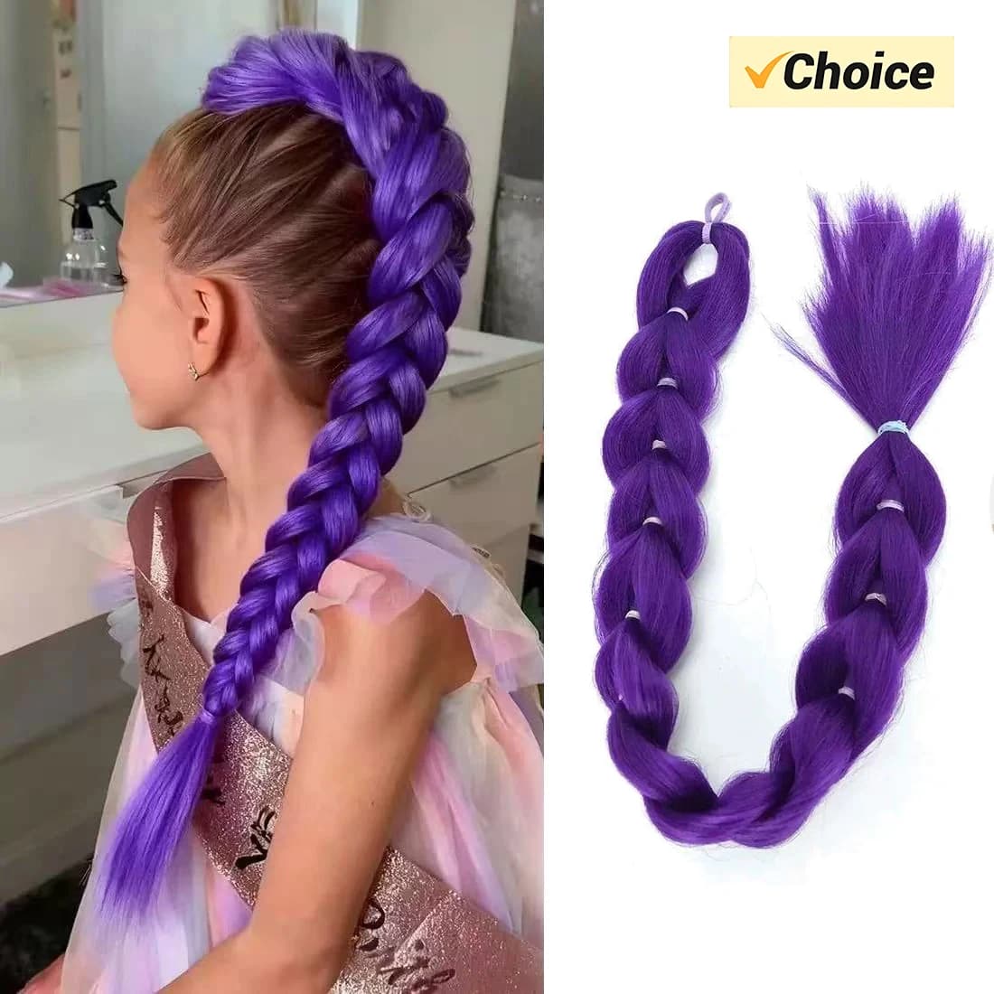 26 inch Purple Braids Ponytail Rubber Band Pre Braiding Hair Synthetic Purple Hair Extensions for Halloween Costume Cosplay