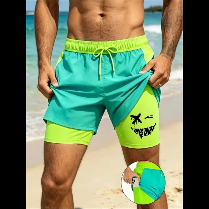 Leisure, Fitness, Sports, Surfing, Comfortable Men's Double-Layer Quick Drying Shark Print Running Belt Pocket