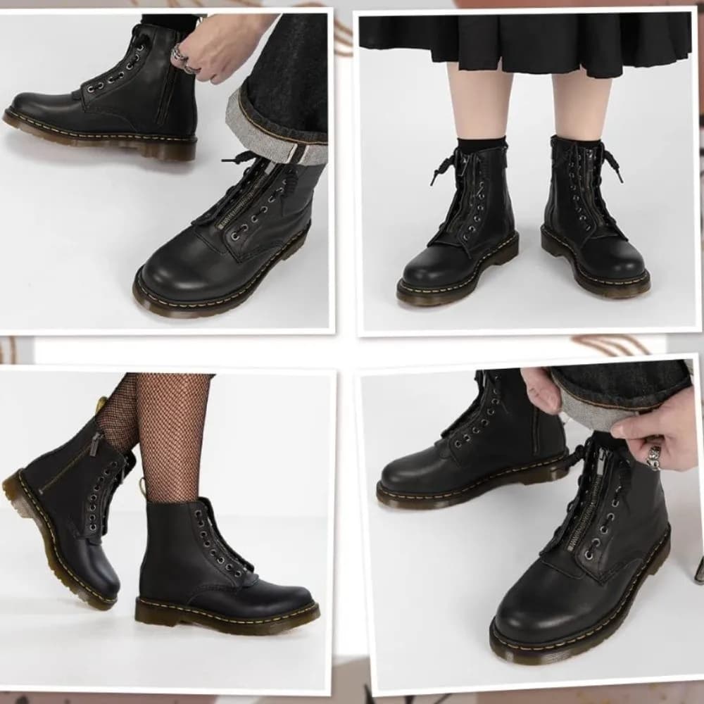 Lacci per Stivali in Pelle Nera con Inserti a Cerniera, 8 Fori, Lacci Regolabili con Cerniera, Occhielli in Metallo, Accessorio per Scarpe, Lacci Senza Nodi