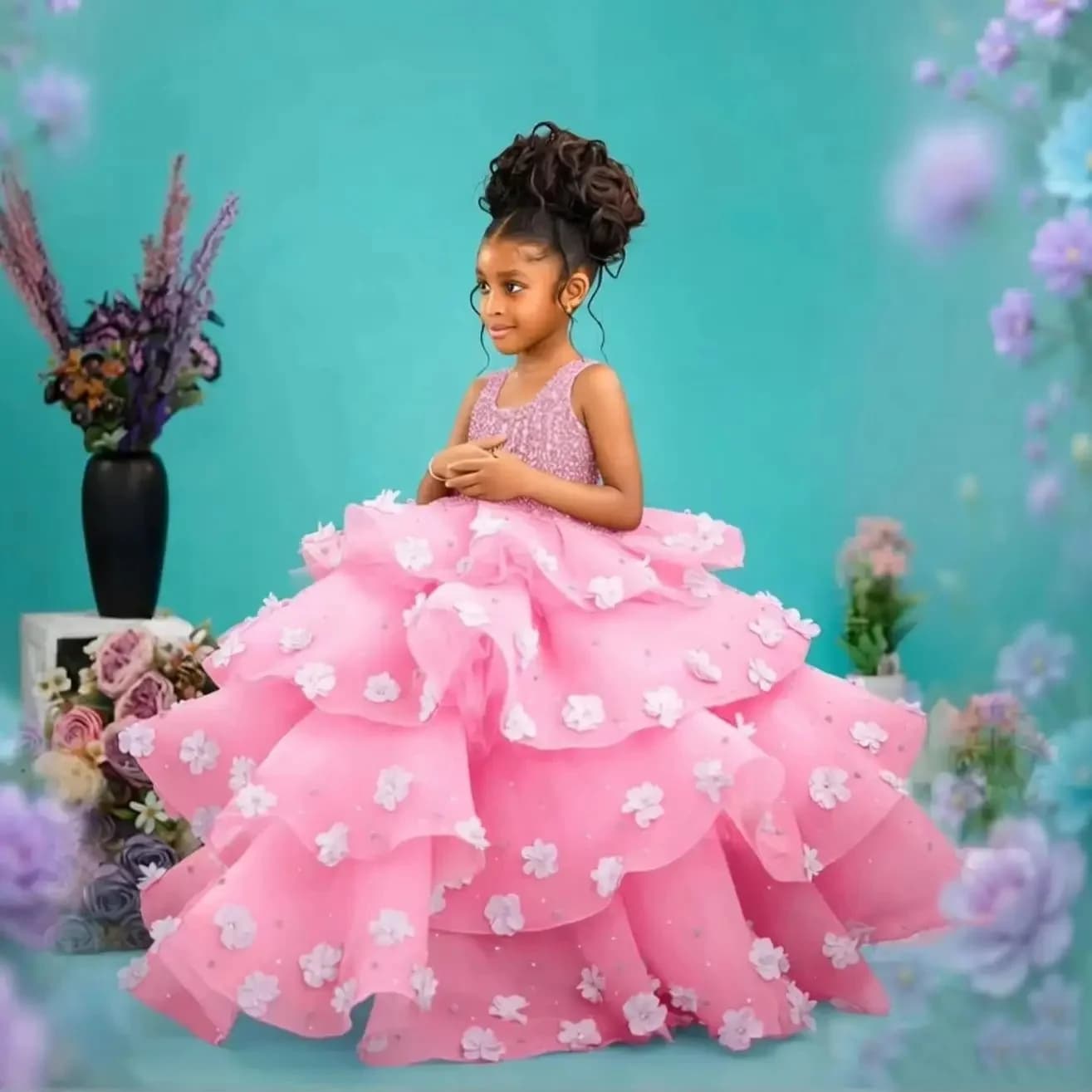 Custom Sleeveless Beaded 3D Floral Tiered Tulle Gown Women Wedding Guest Gown Kids Birthday Party Outfit for Pageant Runway