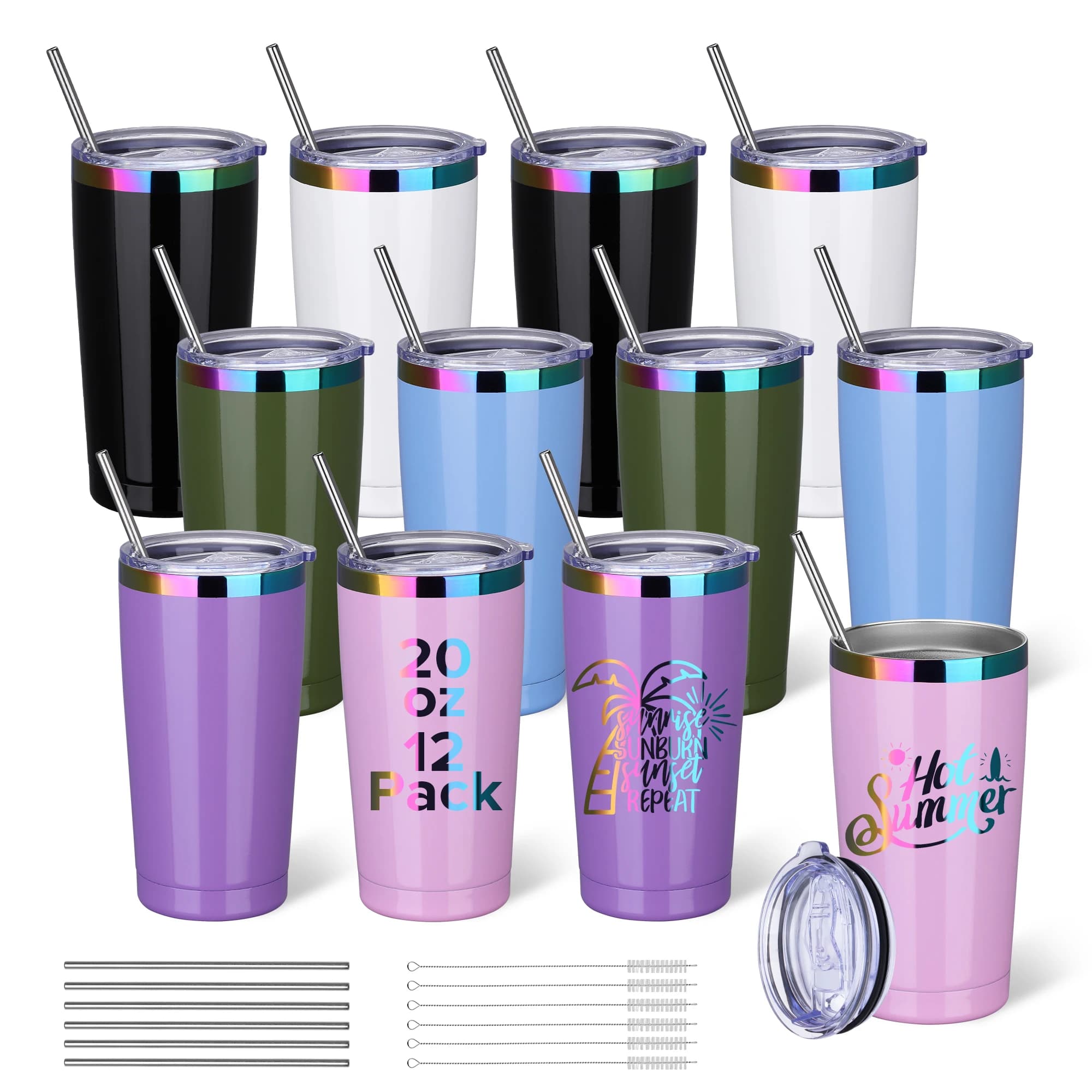 Confezione da 12 bicchieri in acciaio inossidabile da 20 once sfusi, tazza da viaggio isolata con coperchio, incisione laser adatta, portabicchieri per auto (colori assortiti)
