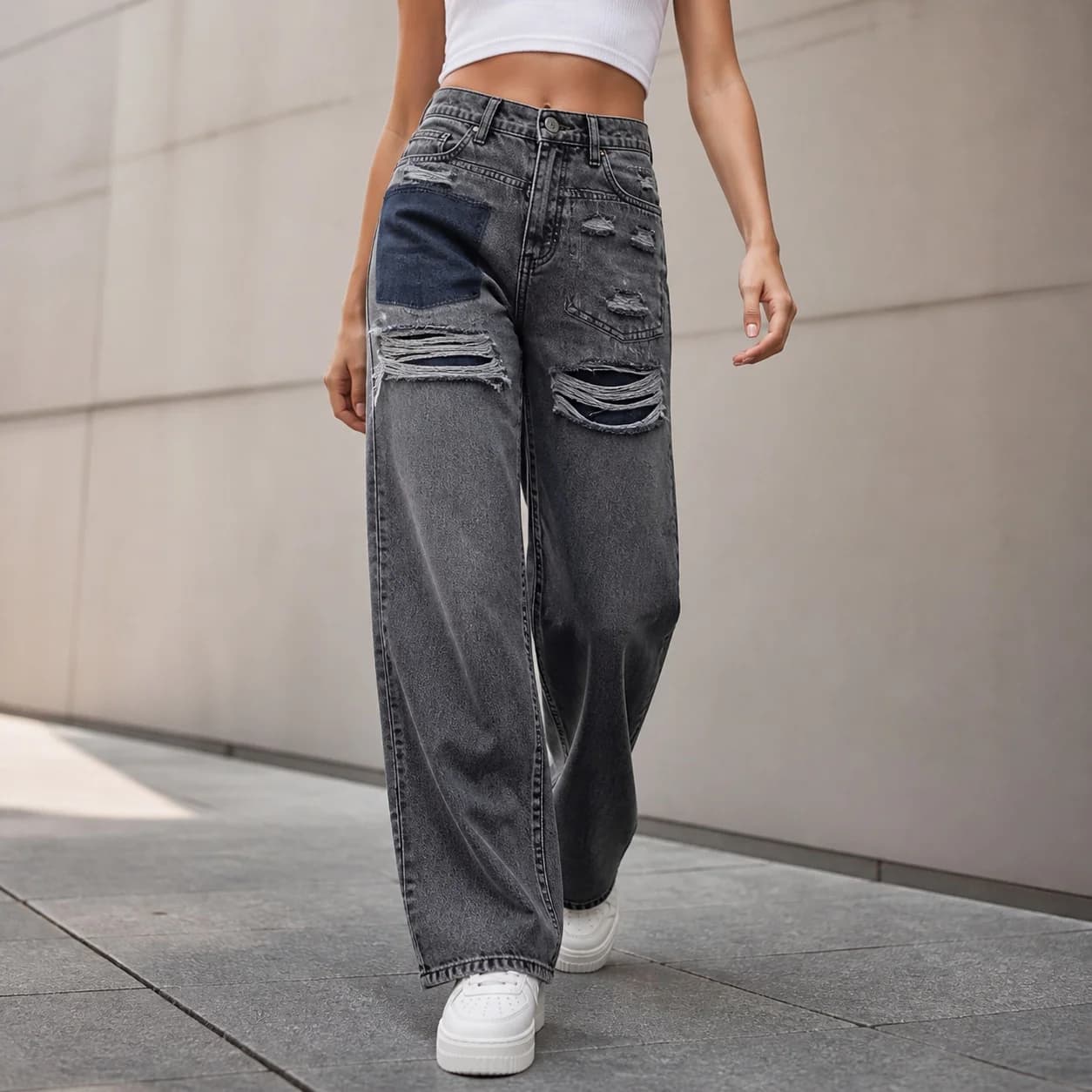 Women's Mid Waist Loose Fit Distressed Ripped Full Length Casual Stretch Denim Jeans with Frayed Hem for Women Everyday Wear