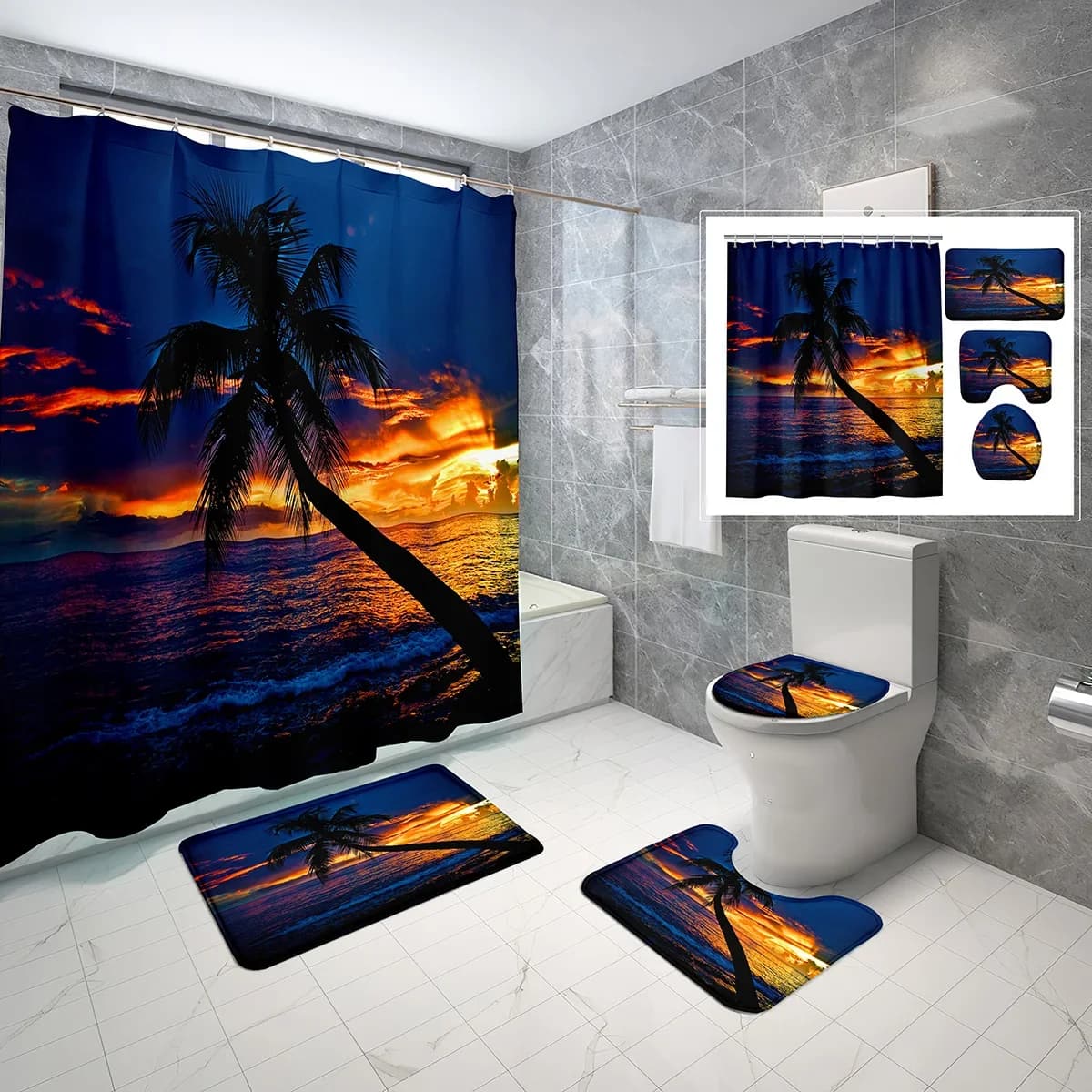 Set di 4 Pezzi: Tenda Doccia con Motivo Albero di Cocco, Tappetino Antiscivolo, Copriwater e Tenda Doccia con Motivo Tramonto e Onde della Spiaggia