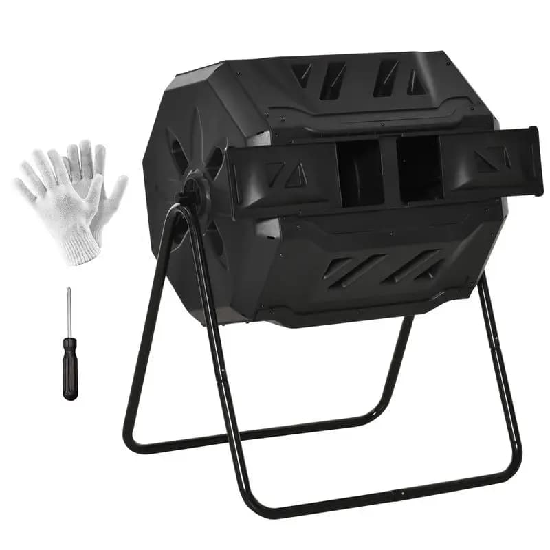Outsunny Tumbling Compost Bin Outdoor 360° Dual Chamber Rotating Composter 43 Gallon, Black