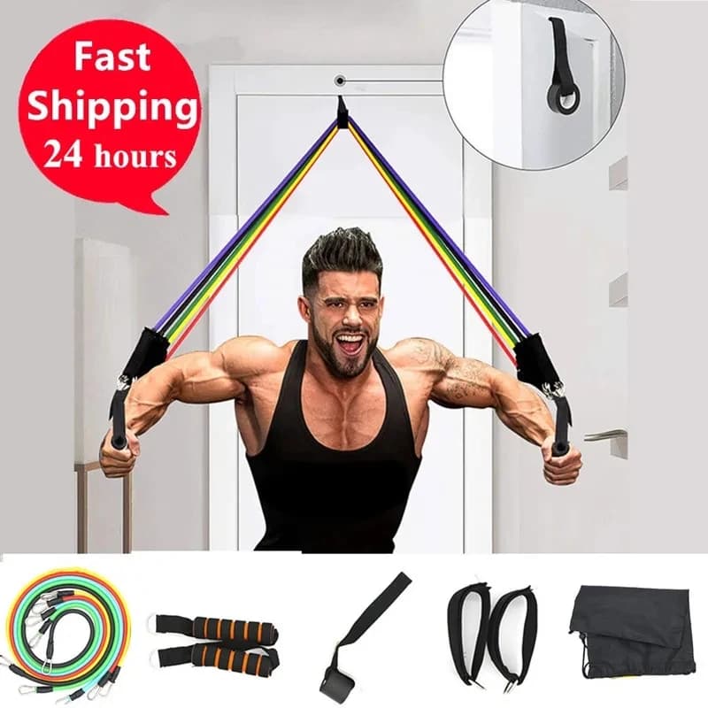 Set of 11-piece fitness resistance bands for training tubes with ankle straps for anchoring door handles padded transport bags