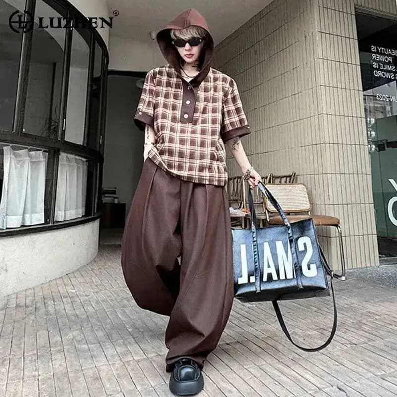 LUZHEN Hooded Streetwear 2025 Short Summer Plaid Sleeve Printed T-shirts Men's Loose Straight Casual Pants Two-piece Sets JY7347