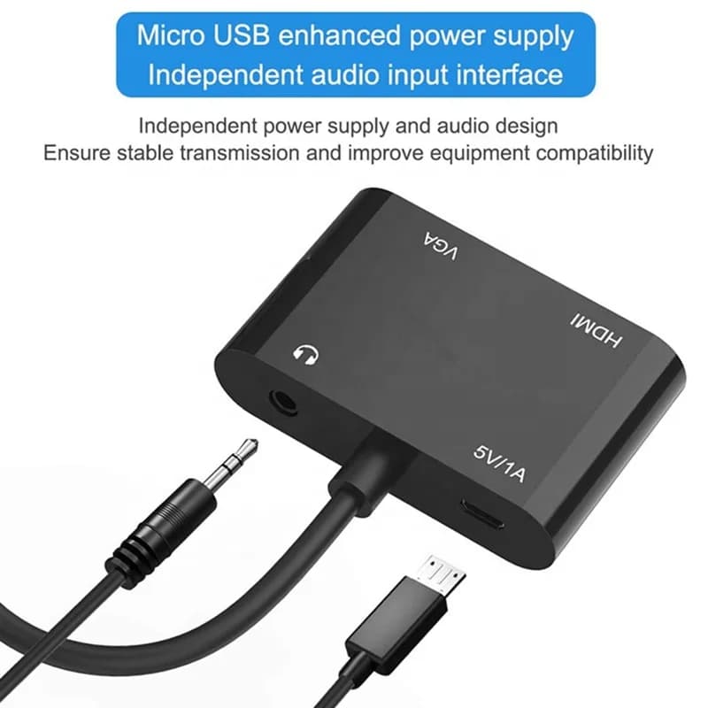 VGA cable adapter to HDMI 2 in 1, 5V1A video converter with 3.5 mm audio support for PC