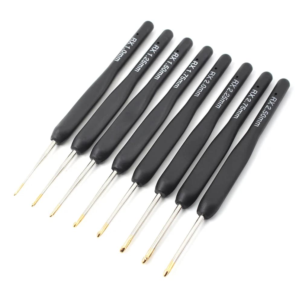 8pcs Crochet Hooks Set Thin Head Sizes 1.0-2.75mm with Black Plastic Handle Aluminum Knitting Needles for DIY Weaving Craft Tool