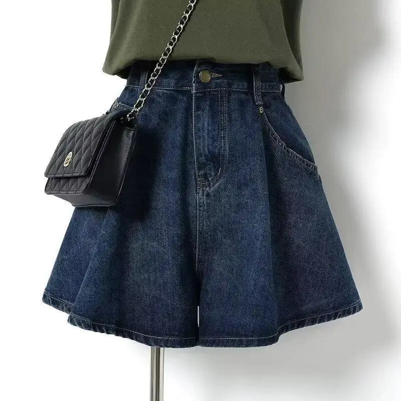 High Waist Wide Leg A-Line Flared Shorts Women's Loose Fit Slimming Denim Retro Style Casual Summer Blue Jeans Pants