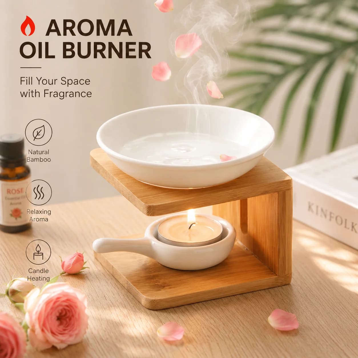 Bamboo Ceramic Essential Oil Burner, Aromatherapy Wax Melt Warmer with Tealight Holder, Home Fragrance Diffuser