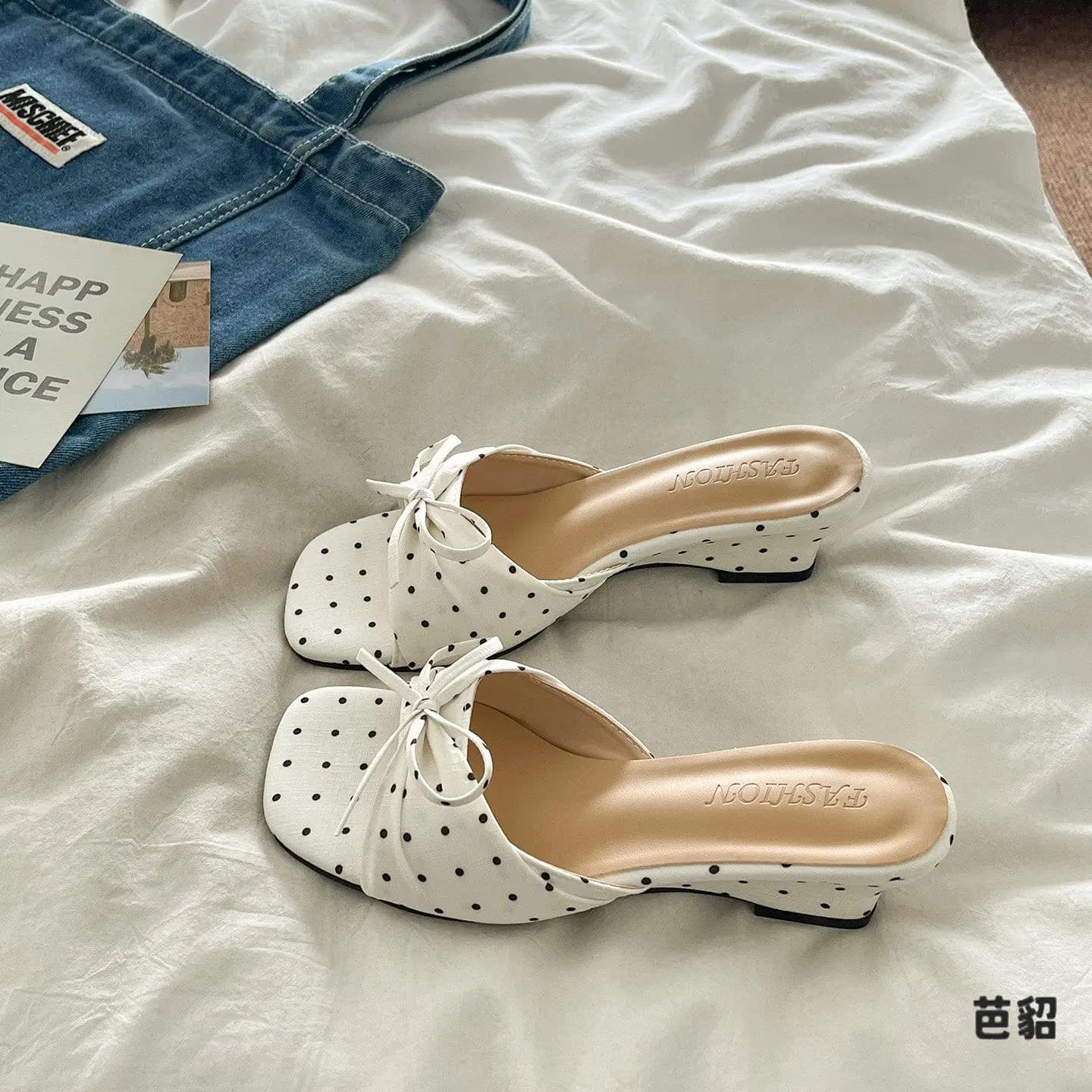 Polka Dot Foldover Pleated Women's Sandals Summer 2026 New Knot Matching Skirts Open Toe Wedge Heel Slippers