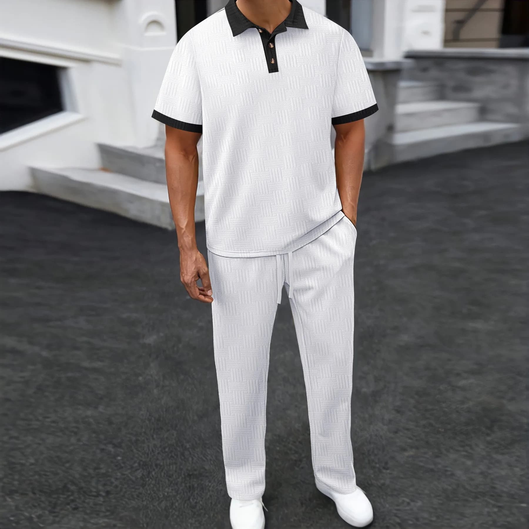 Men's 2 Piece Polo Shirt & Pants Set Textured Contrast Collar Casual Tracksuit for Daily Streetwear